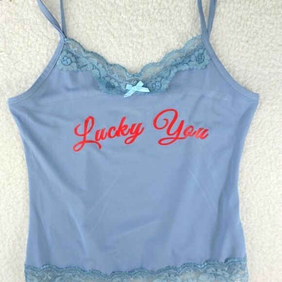 Virghoes Powder Blue Lacy Cami with red text printed Lucky You - Picture 12 of 13